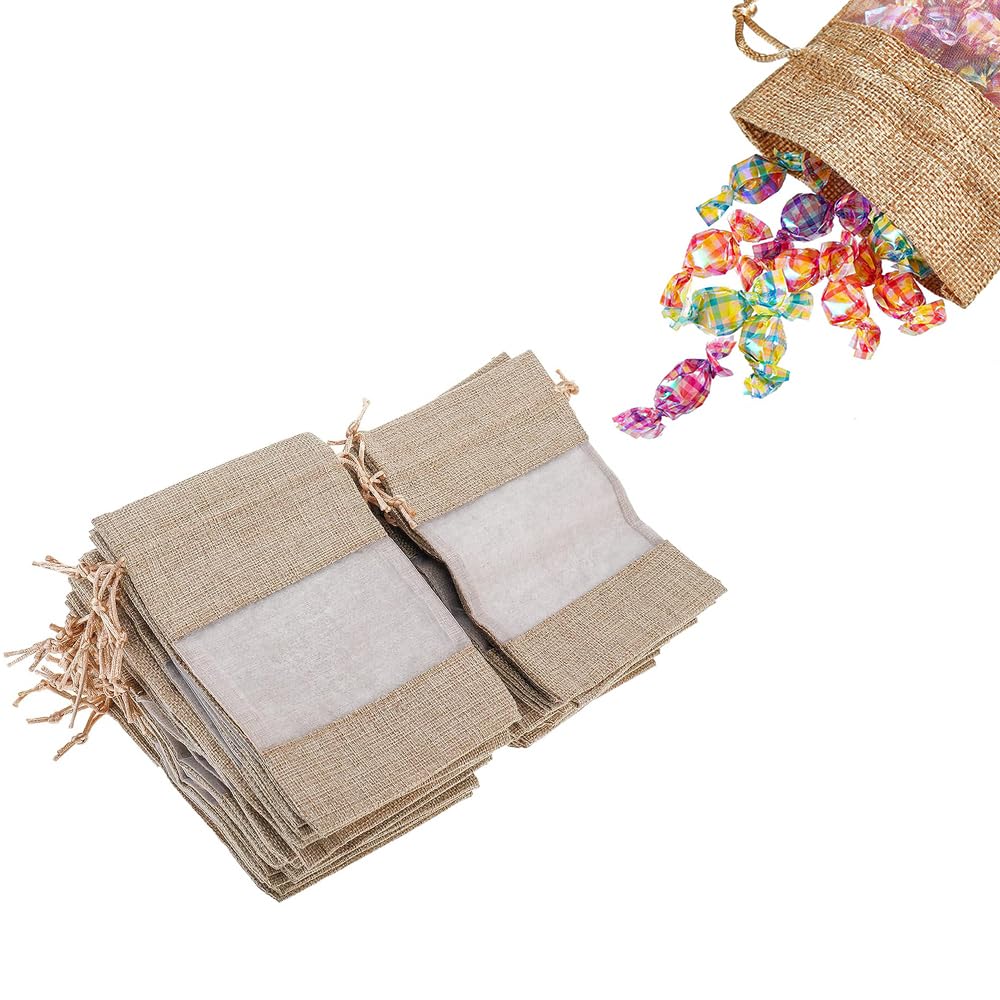 Scukzyde Burlap Drawstring Gift Bag, 20-PACK Drawstring Linen Burlap Pouch with Sheer Window Organza for Wedding Party Favors Candy Packing DIY Craft 4 x 6 Inch (Flaxen)