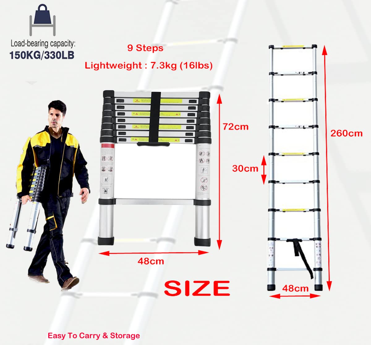 2,6m Escalera Extensión Aluminio Escalera Plegable, Máxima Carga 150kg con Certificado EN131, Peso 7,3kg