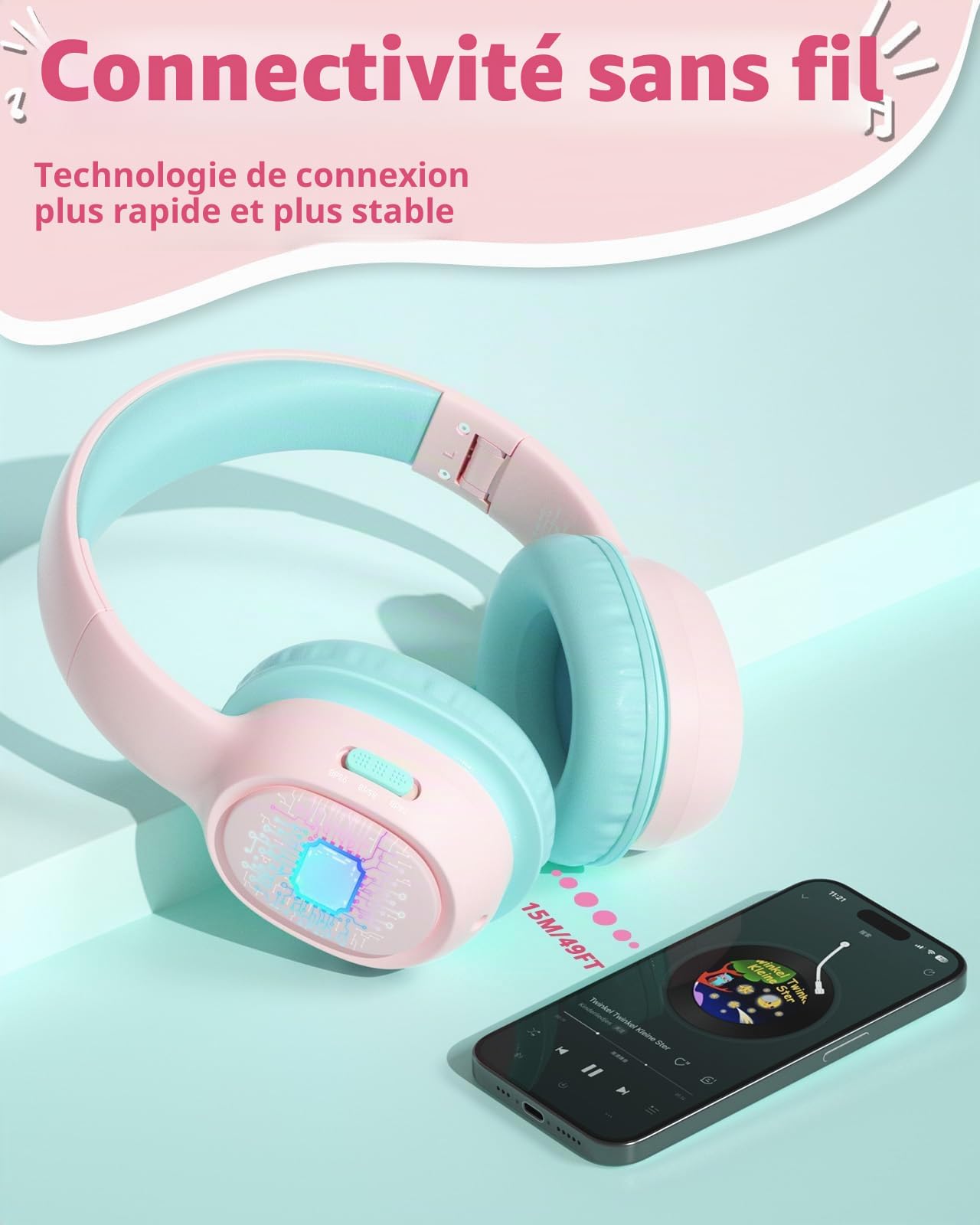 Tronsmart KH02 Casque Audio Enfant Bluetooth 5.3, Volume Limité 74/85/94 DB, Pliable, Microphone Intégré, pour Fille, Rose