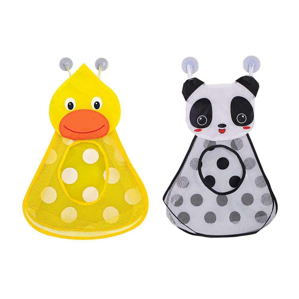 JZS Mesh Bath Toy Organizer, the Perfect Bathtub Toy Holder Bathroom or Shower Caddy,Bath Toy Holder Storage Bags with Suction Cup Hooks for Kids, Toddlers,(Yellow Duck + Panda,2Pcs)
