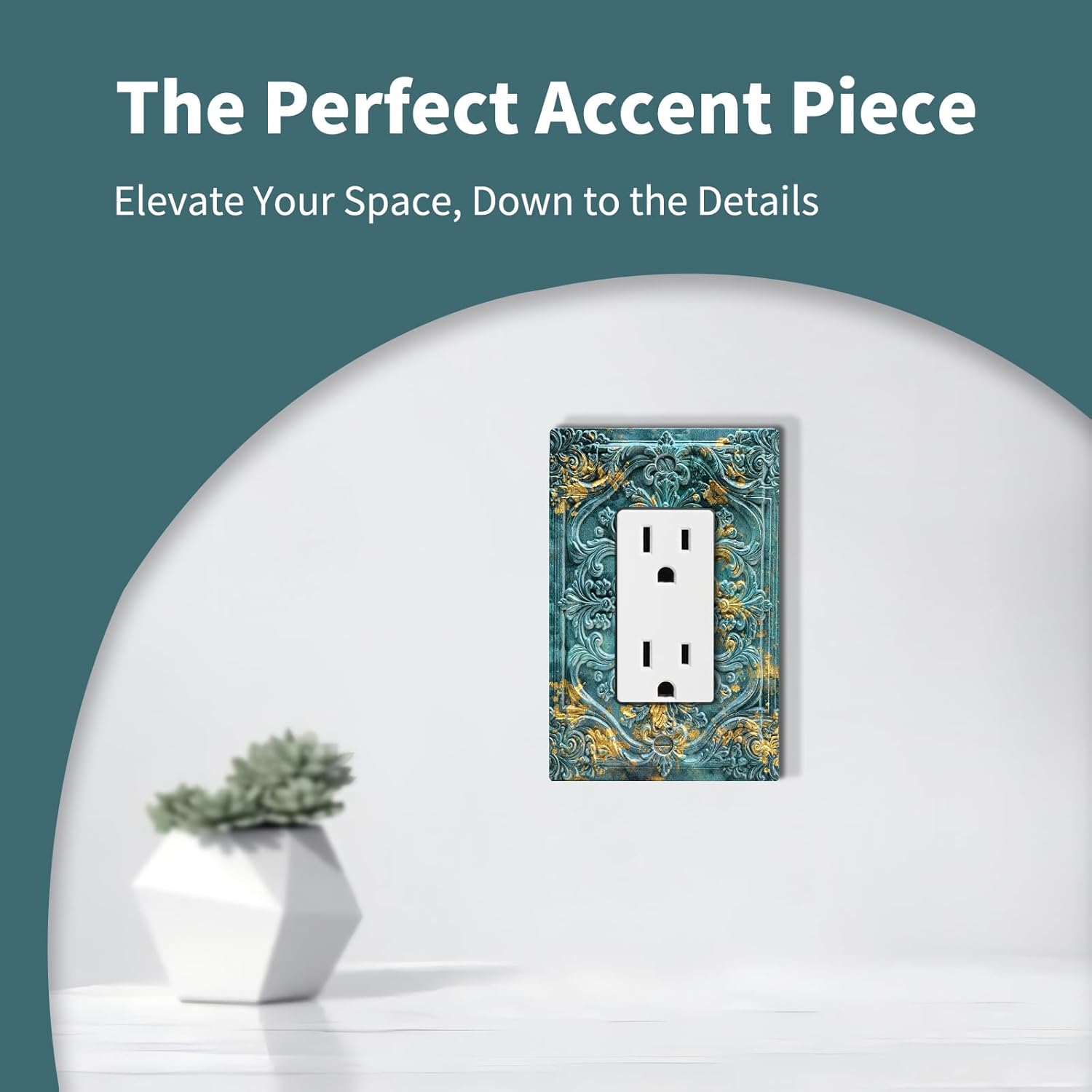 Decorative Outlet Covers Teal and Gold Gradient 3D Ornate Floral Embossed 1 Gang Rocker Light Switch Cover Plate Single Decora Light Switch Covers Wall Plate Faceplate for Bedroom Home Decor