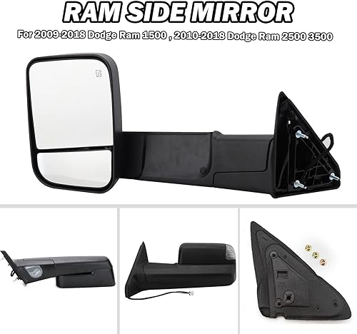 Miniatura 6 de Espejo con calefacción eléctrica compatible con Ram 1500 2500 3500 2009-2018 con luz de giro LED plegable, luces de charco (juego de unidades)