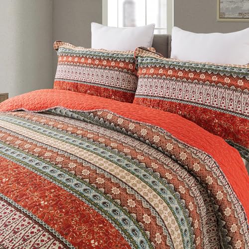 NEWLAKE Cotton Bedspread Quilt Sets - Reversible Patchwork Coverlet Set, Red Striped Jacquard Pattern, California King Size
