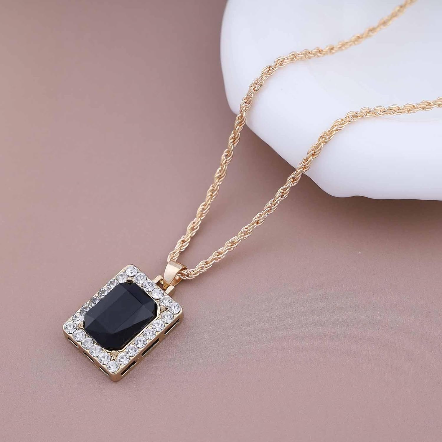 Andelaisi Boho Crystal Square Pendant Necklace Vintage Geometric Square Choker Necklace Black Gem Rope Chain Necklace CZ Square Necklace Jewelry for Women - Image 4