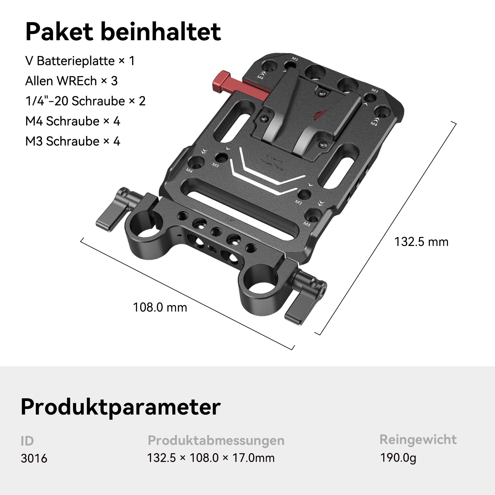 SMALLRIG V Mount Batterieplatte Battery Plate mit Dual 15mm Rod Clamp, Kompatibel mit für SmallRig für Moman für ZGCINE für PATONA und für VILTROX Akkus - 3016