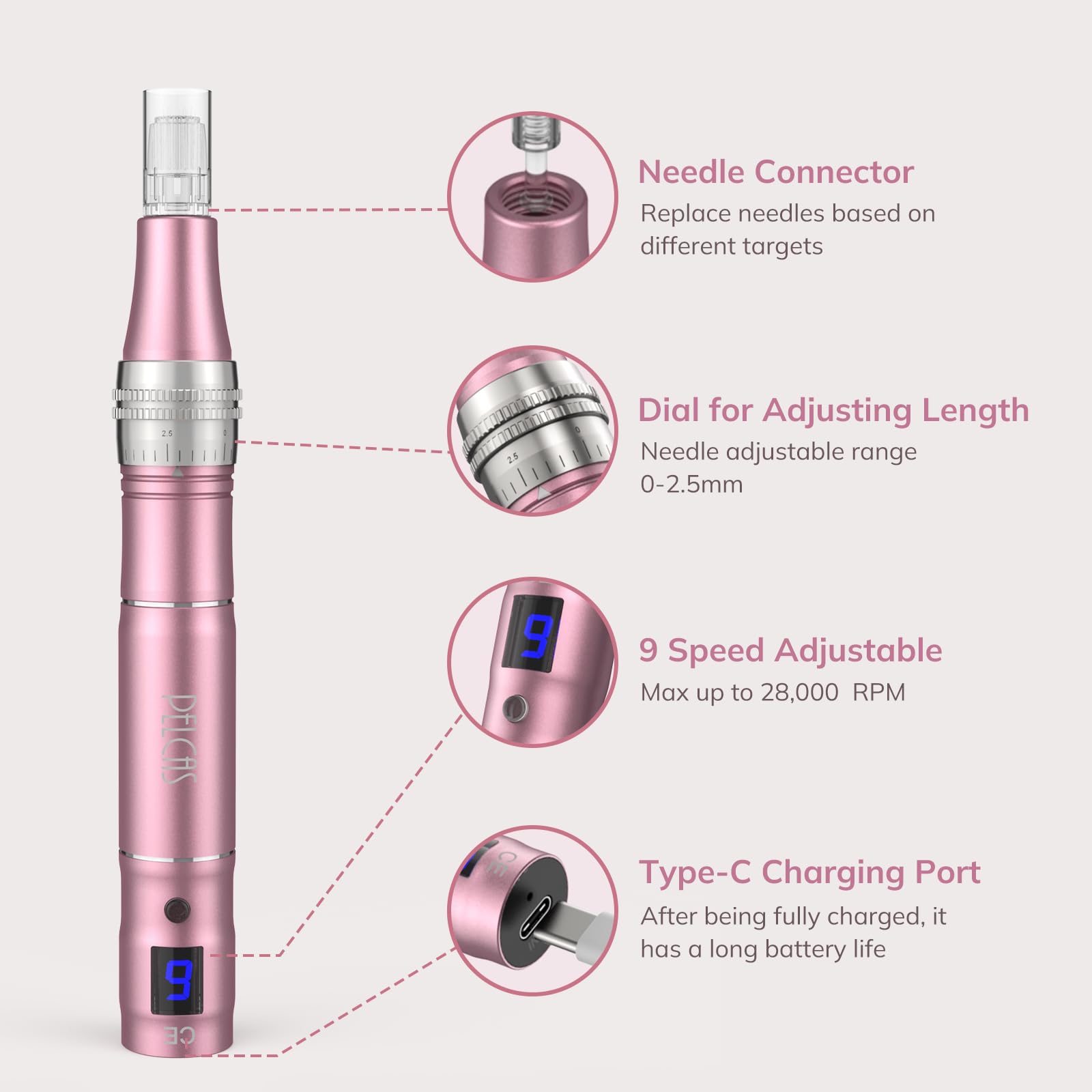PELCAS Derma Pen mit 7 Farben Licht Tragbarer Elektrischer Mikrodeedling Pen mit 9 Geschwindigkeiten und 12 Patronen LCD Anzeige Mikronadel Schönheit Pen Rosa