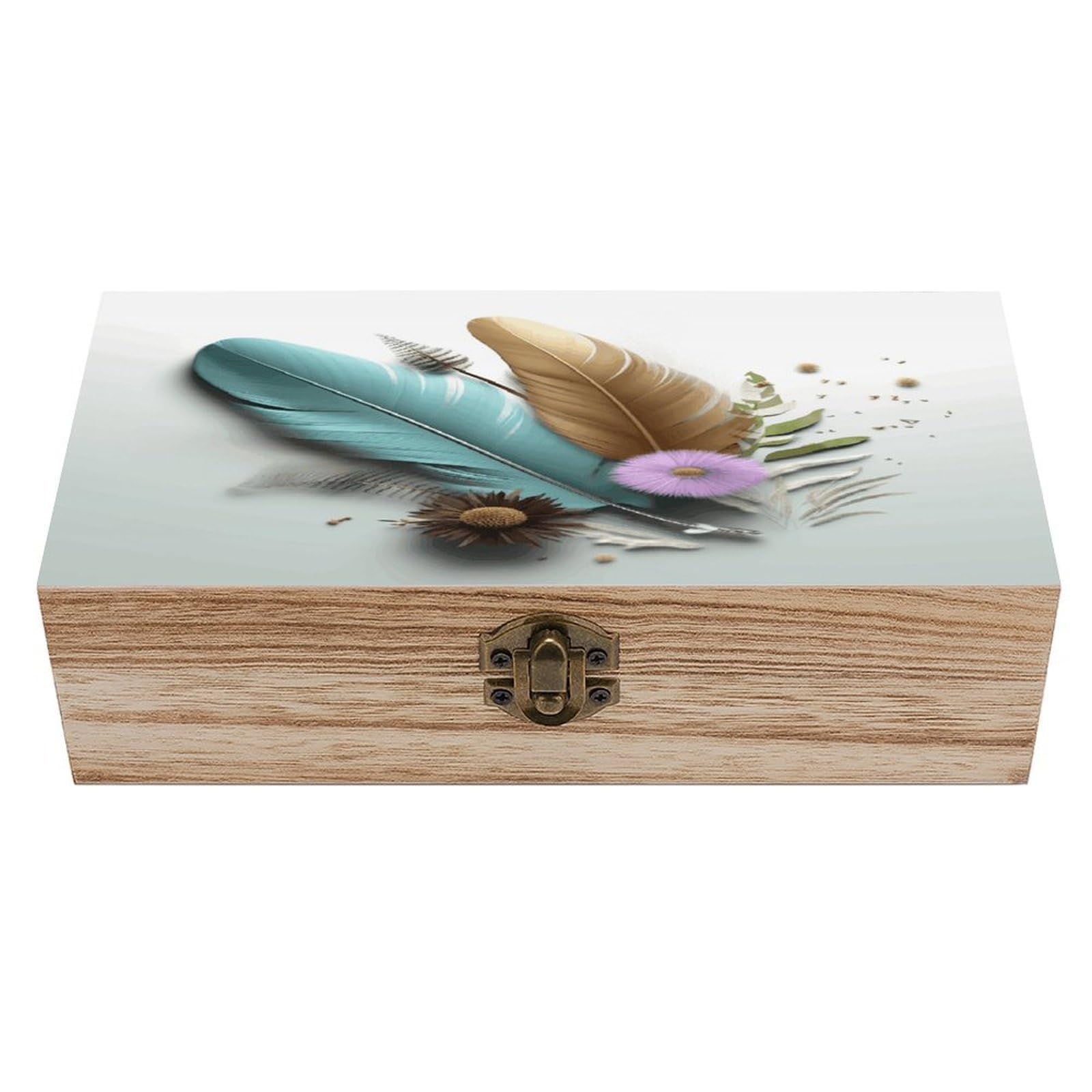 asbwuo Feather Flower Wood Keepsake Box Wooden Box with Hinged Lid