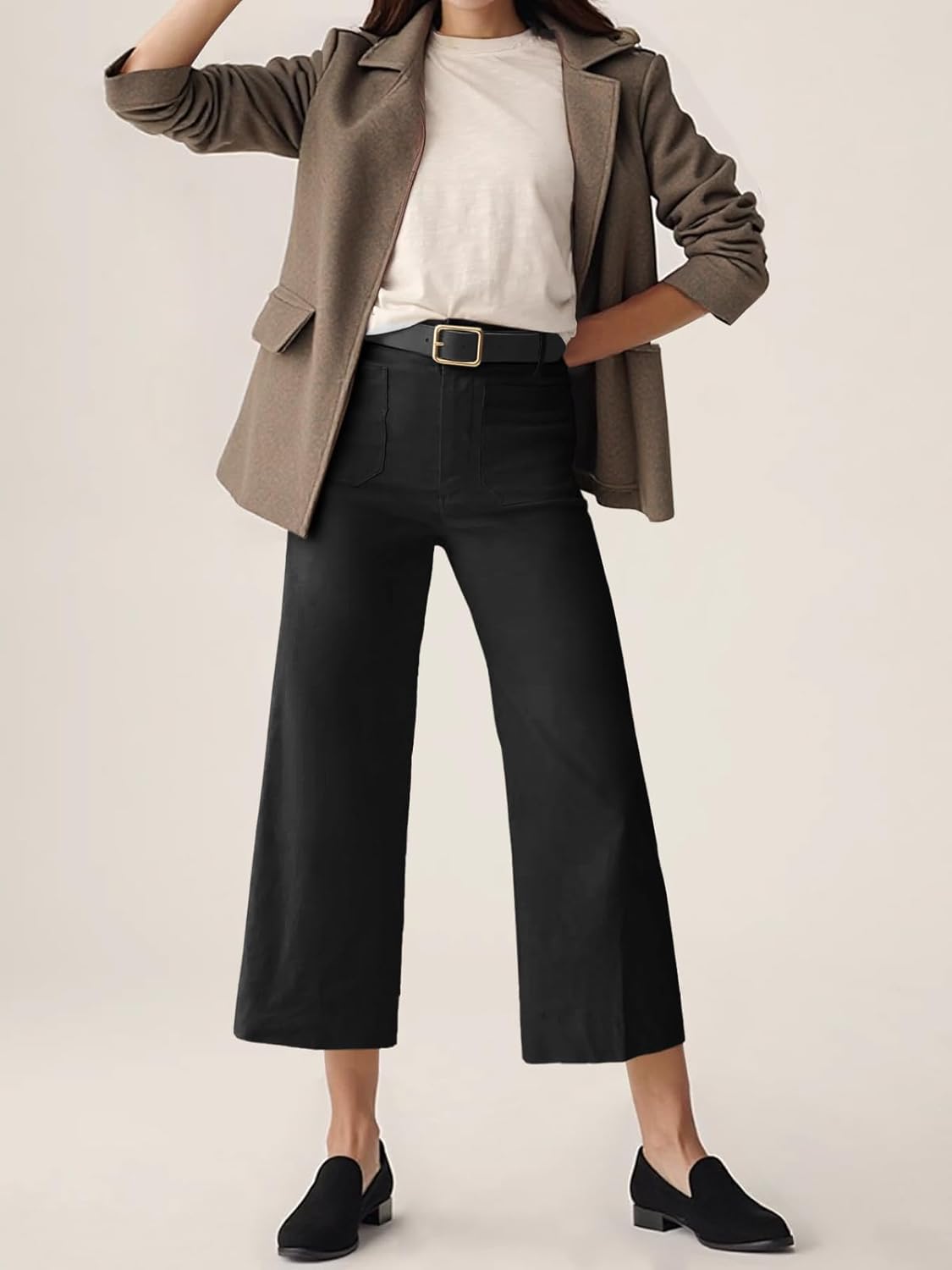 Cicy Bell Womens Cropped Wide Leg Pants High Waisted Stretchy Flare Pants Casual Baggy Trousers Black - Image 5