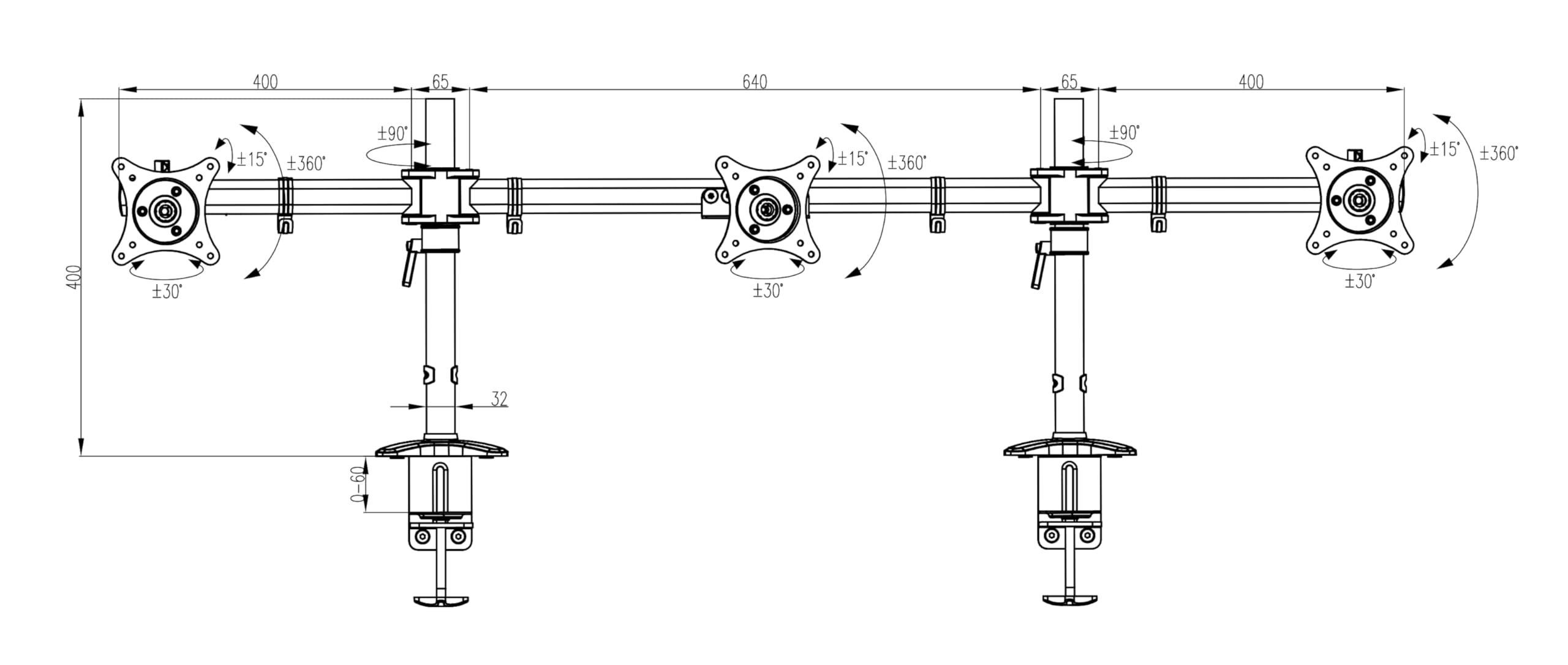 HFTEK - Support pour 3 moniteurs de 15 à 27" - Support pour écran TV - Support pour moniteur - Support écran 3 moniteurs - Hauteur réglable - VESA 75/100 - MS323C-N - Modulable individuellement
