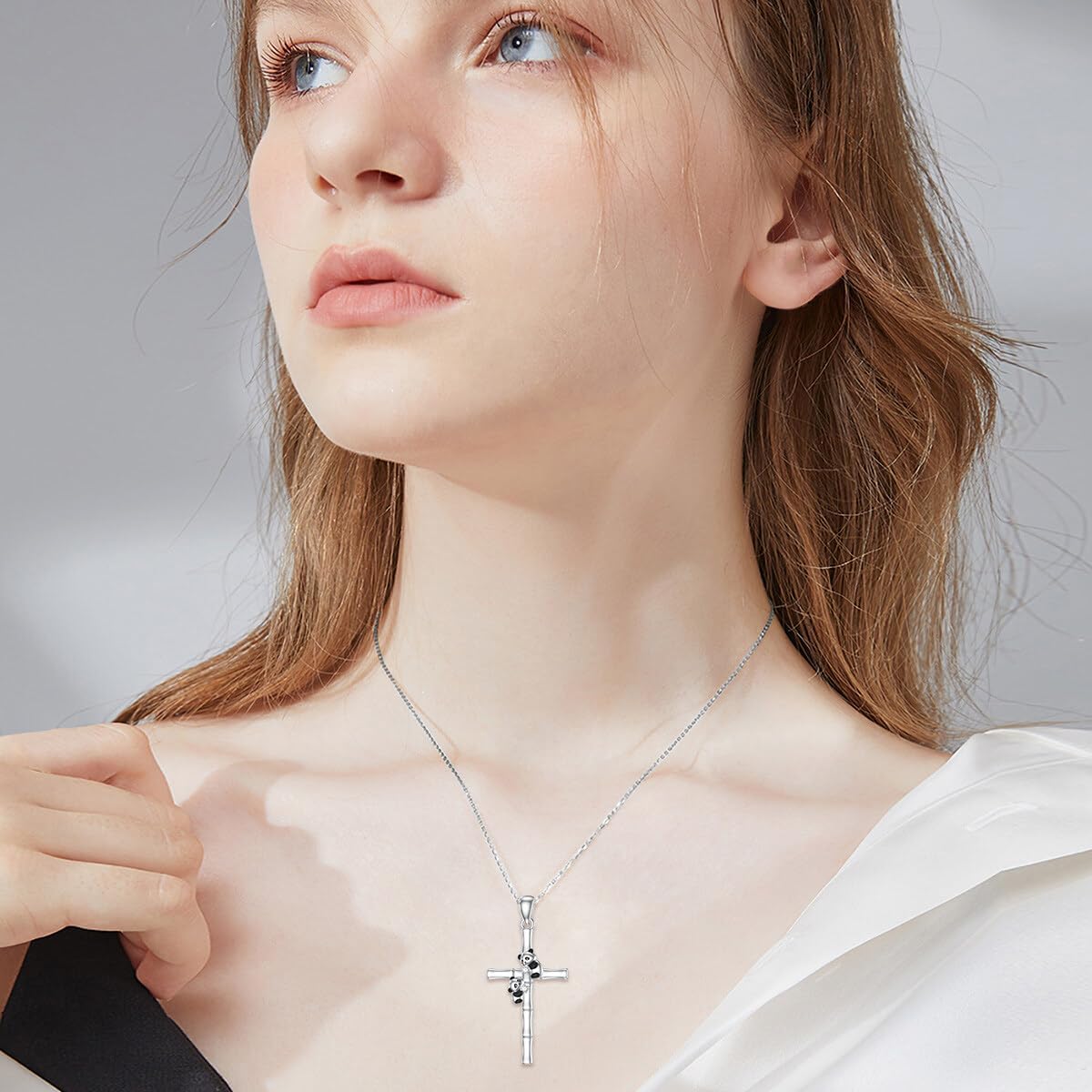 Diamond Cross Necklace 925 Sterling Silver Panda Cross Pendant Necklace with Lab Grown Diamonds Jewelry Gifts for Women Panda lovers