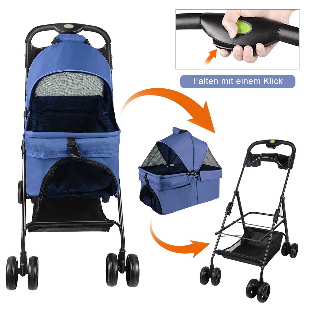 Passeggino pieghevole per animali domestici, passeggino pieghevole per animali domestici, 4 ruote per cani e gatti, cucciolo di piccole e medie dimensioni, fino a 20 kg-separabile - blu