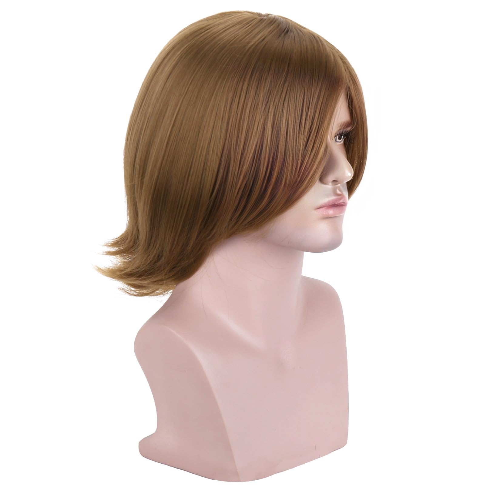 BERON Golden Brown Short Straight Wigs Men's Bob Hair Brown Side Part Wig Layered Heat Resisitant Synthetic Wigs Wig Cap Include