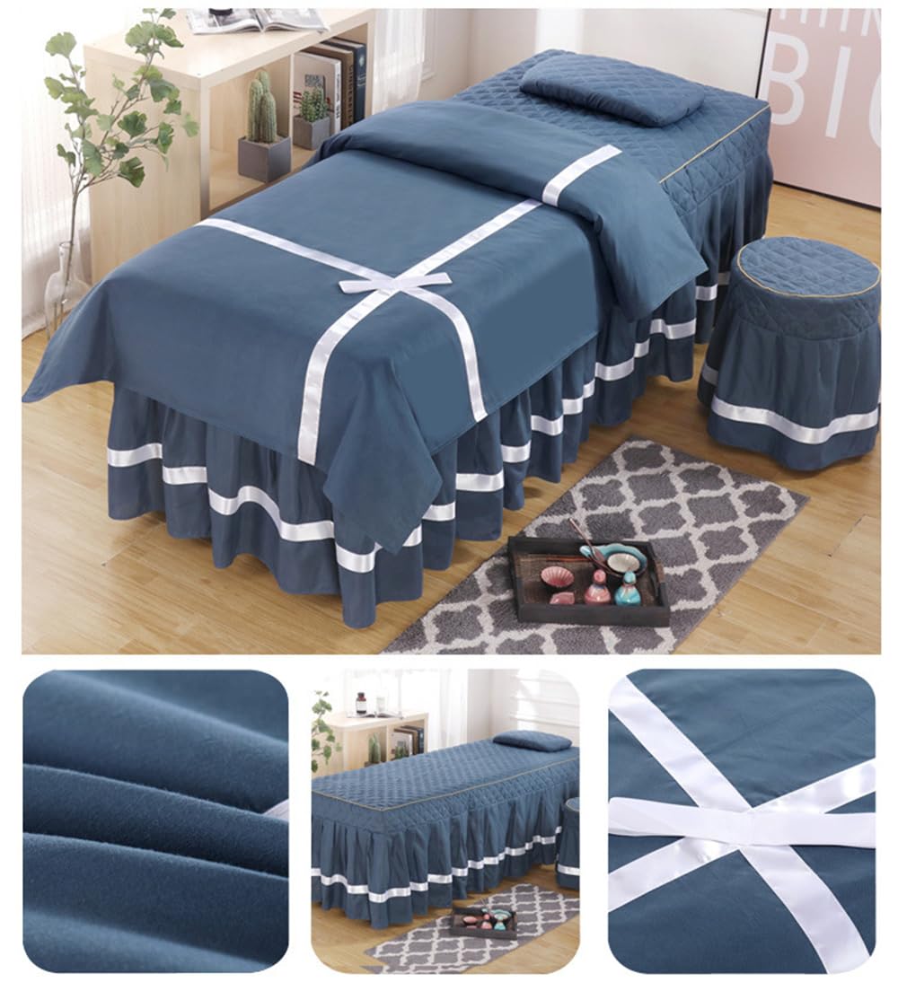 Surwin Juego de Sábanas de Masaje de 4 Piezas,Falda De Mesa De Masaje Funda De Cama De Salón Respirable Protector de Cama con Agujero para la Cara (Azul marino sencillo,180x70cm)