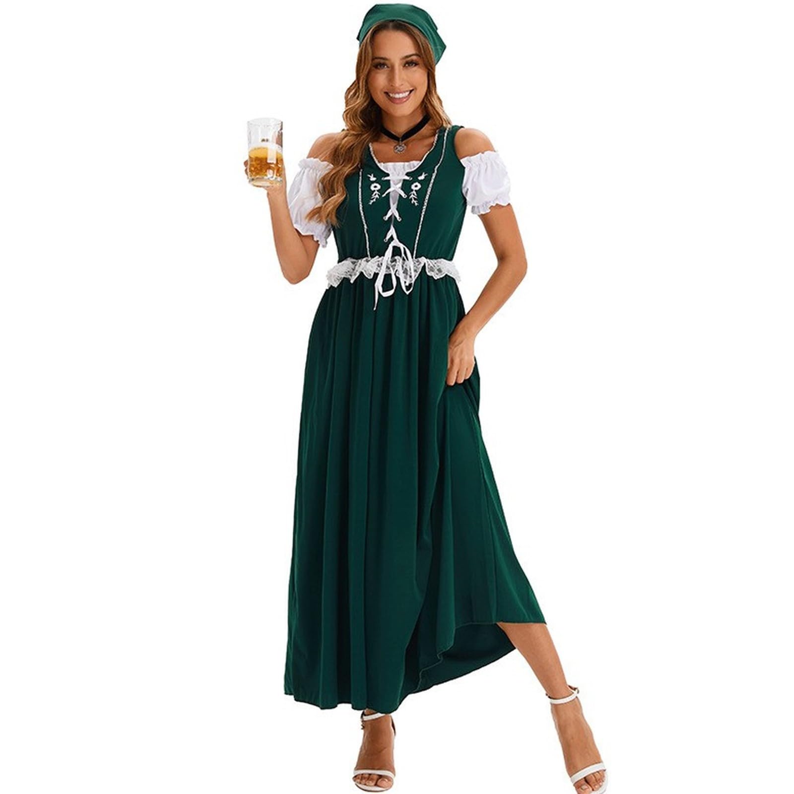 FUPODD Dirndl Rot Damen Lang Oktoberfest Damen Outfit Dirndl-Komplettsets Mit Bluse Trachtenkleid Elegant Ohne Schürze Dirndlkleid Mit Spitze Oktoberfest-Kleidung Inkl. Kopftuch Dirndlkleider Maxi