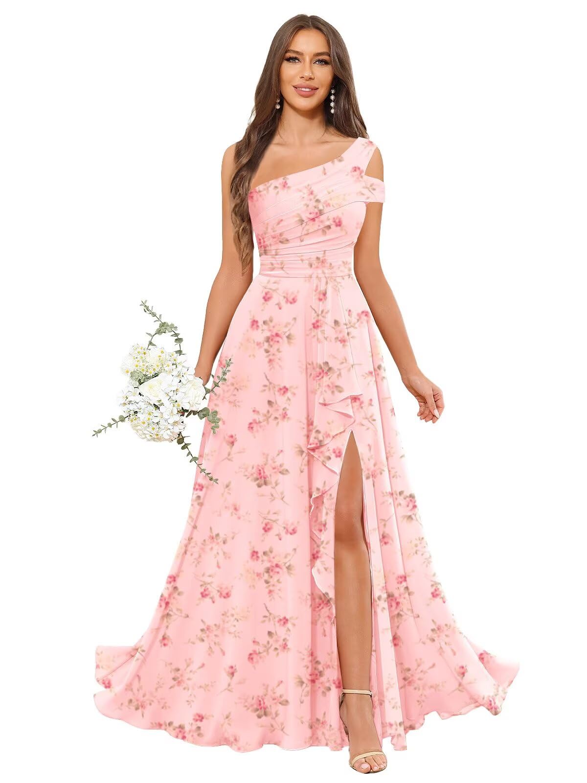 Fu Jiang One Shoulder Bridesmaid Dresses for Wedding Long with Slit Chiffon Pleated Formal Evening Dress