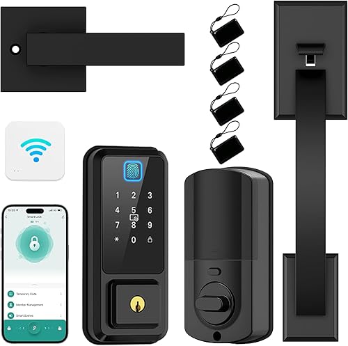 Cerraduras inteligentes WiFi para puerta delantera con juego de manija, control de aplicación, cerradura de puerta de entrada sin llave, cerrojo de