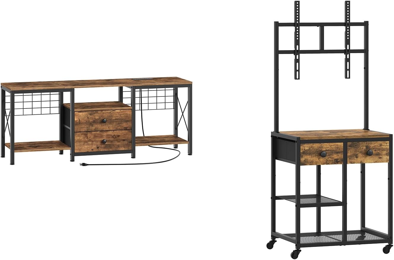 TV Stand with Power Outlet Up to 60 Inch, TV Stand with Mount, Corner TV Stand with Wheels, for TVs up to 50 Inches, Rolling Entertainment Center, DS14UBRY1-DS08BR