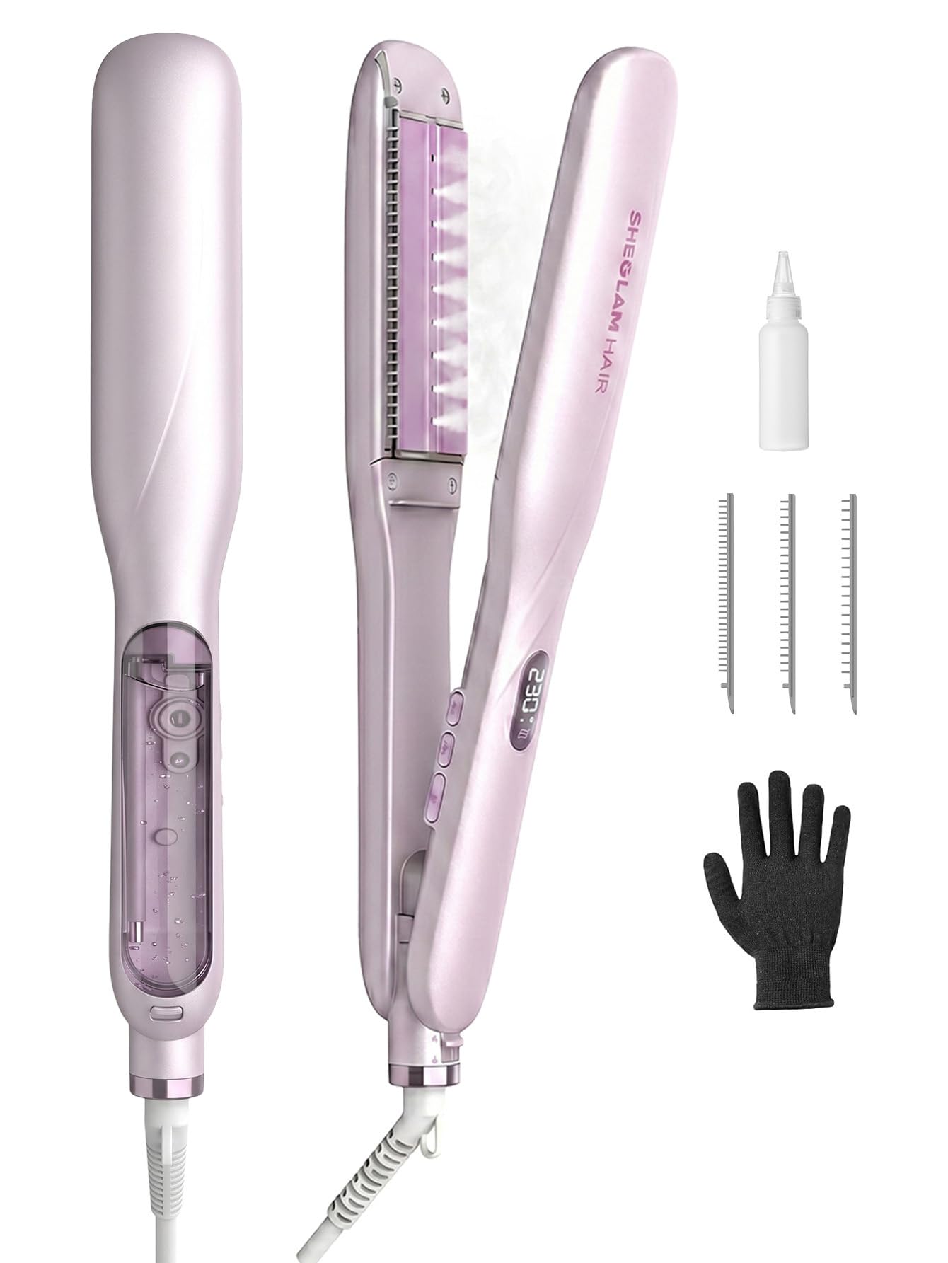 SHEGLAM Dampf-Glätteisen, Keramik-Glätteisen 38 mm | Nano-Dampf Anti-Scald, 90% weniger Hitzeschäden, 3 Dampfstufen, 3 Kämme für 2B-4C, Dual Voltage, langer Halt