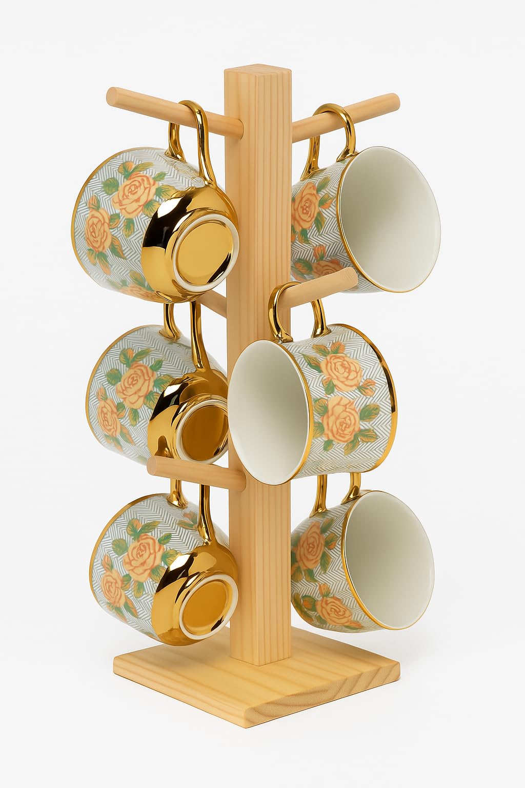 WOODKIT Wooden Mug/Cup Stand for Kitchen | Tea Cup & Coffee Mug Stand 6 Hooks Pinewood Mug Holder | Tabletop Cup Stand for Kitchen Square Bottom Cup Holder Stand
