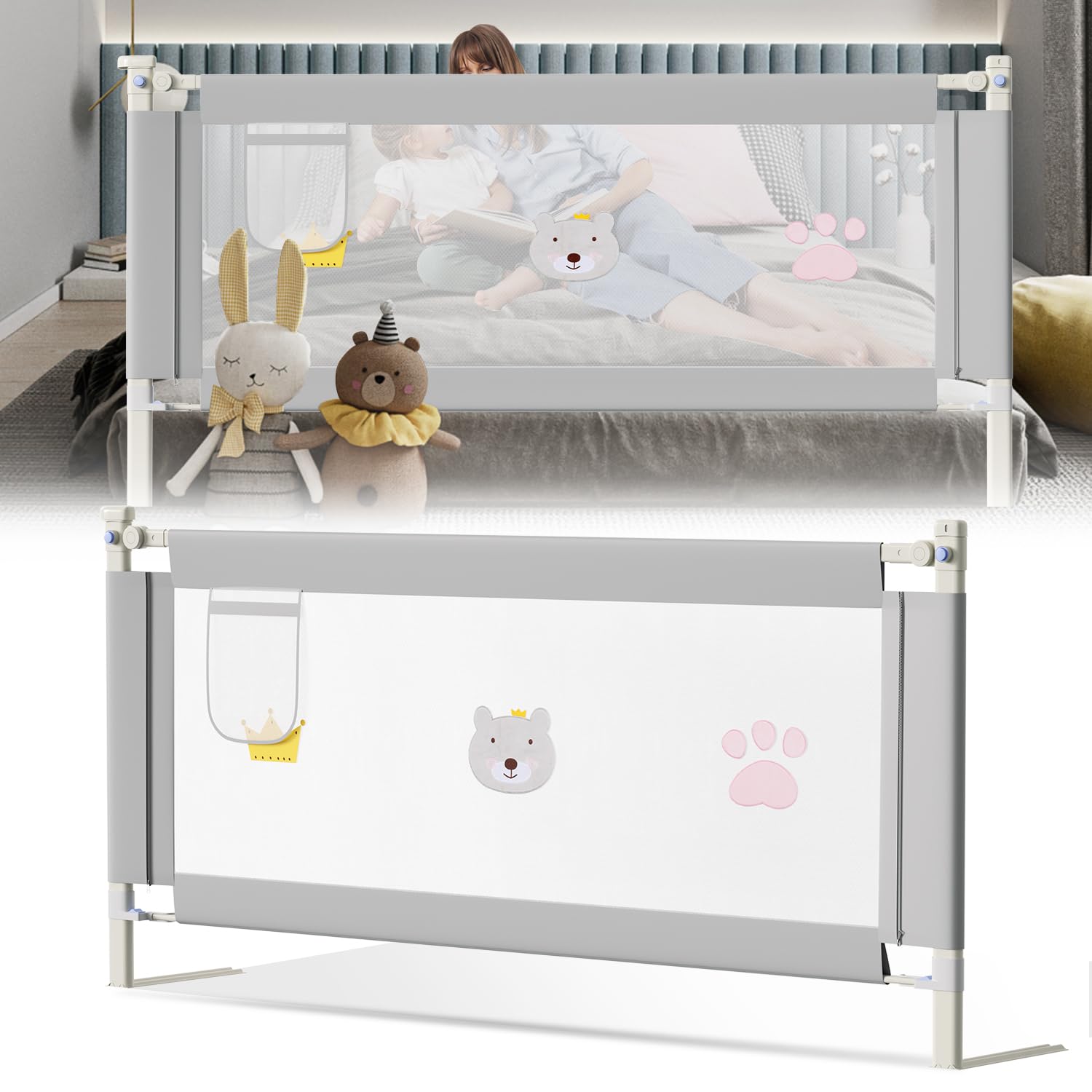 Barrera de cama con protección anticaídas, 2 x 200 cm + 1 x 180 cm, altura ajustable 64 – 96 cm, barrera de protección para niños pequeños, rejilla para cuna con red aireada, color gris