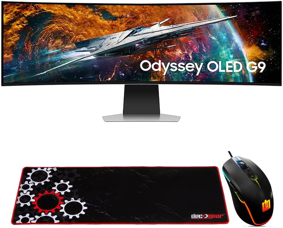 Samsung 49″ Odyssey OLED G9 (G95SC) DQHD 240Hz G-Sync Curved Gaming Monitor Bundle with Deco Gear Wired Gaming Mouse + Large Extended Pro Gaming Mouse Pad Water Resistant