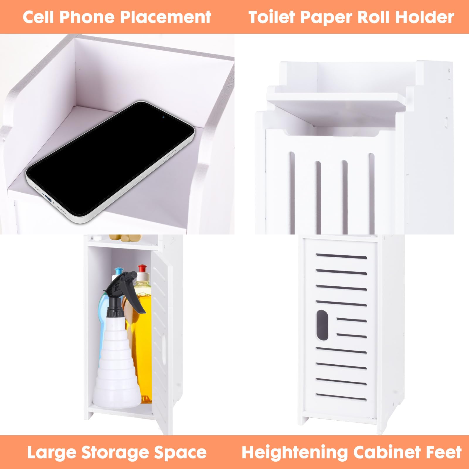 ShellKingdom Soporte para papel higiénico, gabinete de almacenamiento de baño con puertas y estantes, gabinete de almacenamiento delgado para baño, espacios pequeños, organizador de estante esquinero,