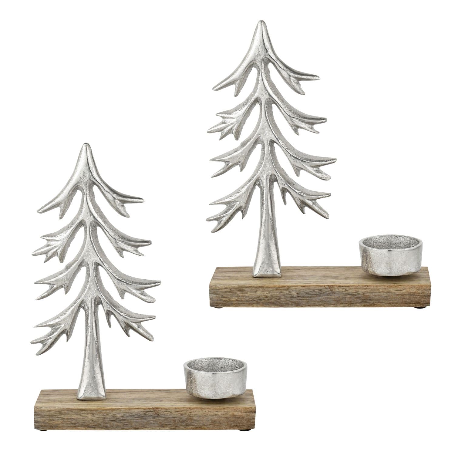 Portavelas Xmas 1, Plata, Juego de 2, Aluminio con Base de Madera, 20 cm