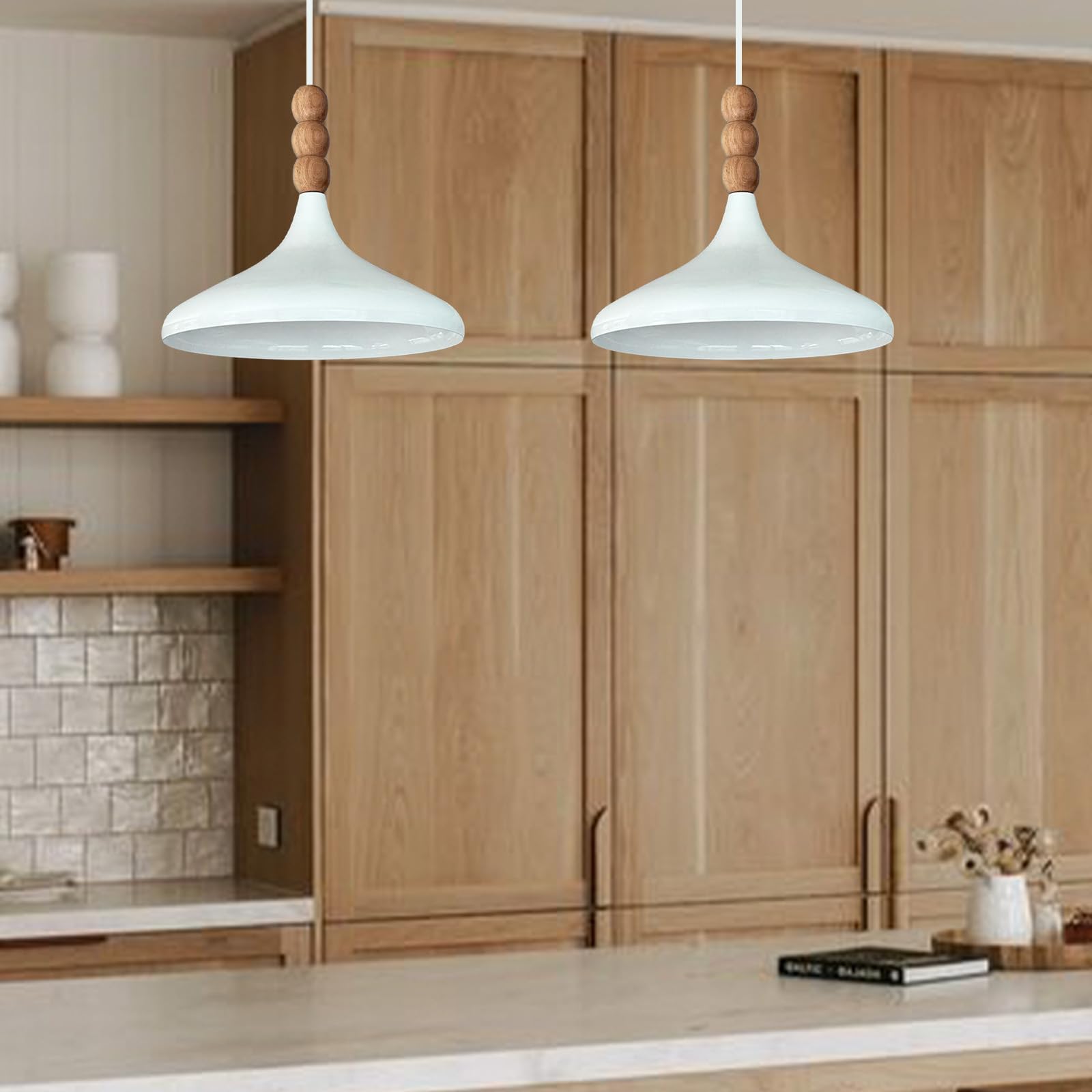 bamyum Champion Legna Lampadario Cucina 35 cm, Lampada a Sospensione da Soffitto Industriale,Lampadario a Sospensione con Paralumi da 35 cm e Lampada per Isola da Cucina in Metallo Bianco