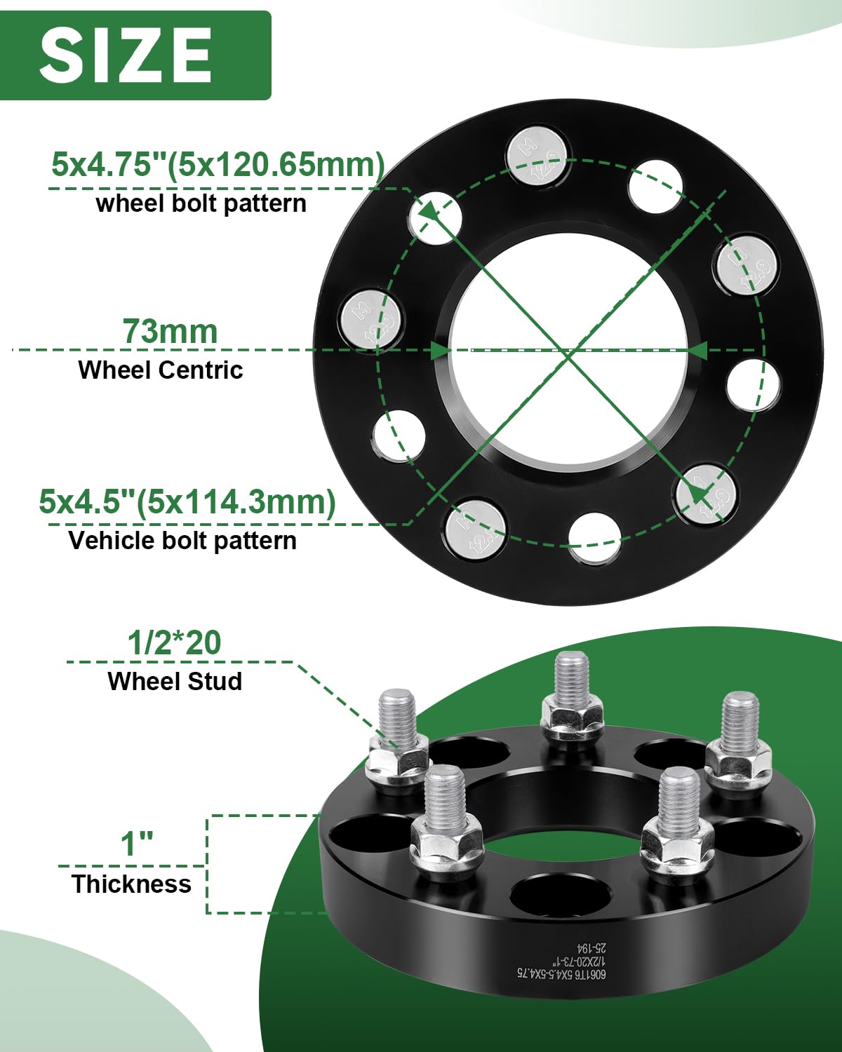 Adaptadores de Rueda de 5 x 4.5 a 5 x 4.75, Adaptador de Rueda de 1 Pulgada de 5 x 114.3 mm a 5 x 120.65 mm, Orificio de Cubo de 73 mm con Paso de Rosca de 1/2-20