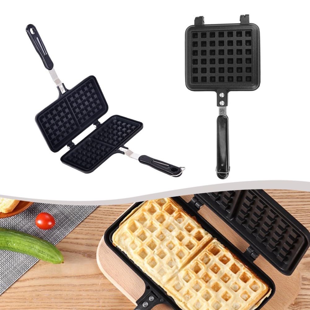 Sartén antiadherente belga para estufa de gas, parrilla giratoria de metal para desayuno, cocina de doble cara con mango resistente al calor (gofre de dos cabezas)