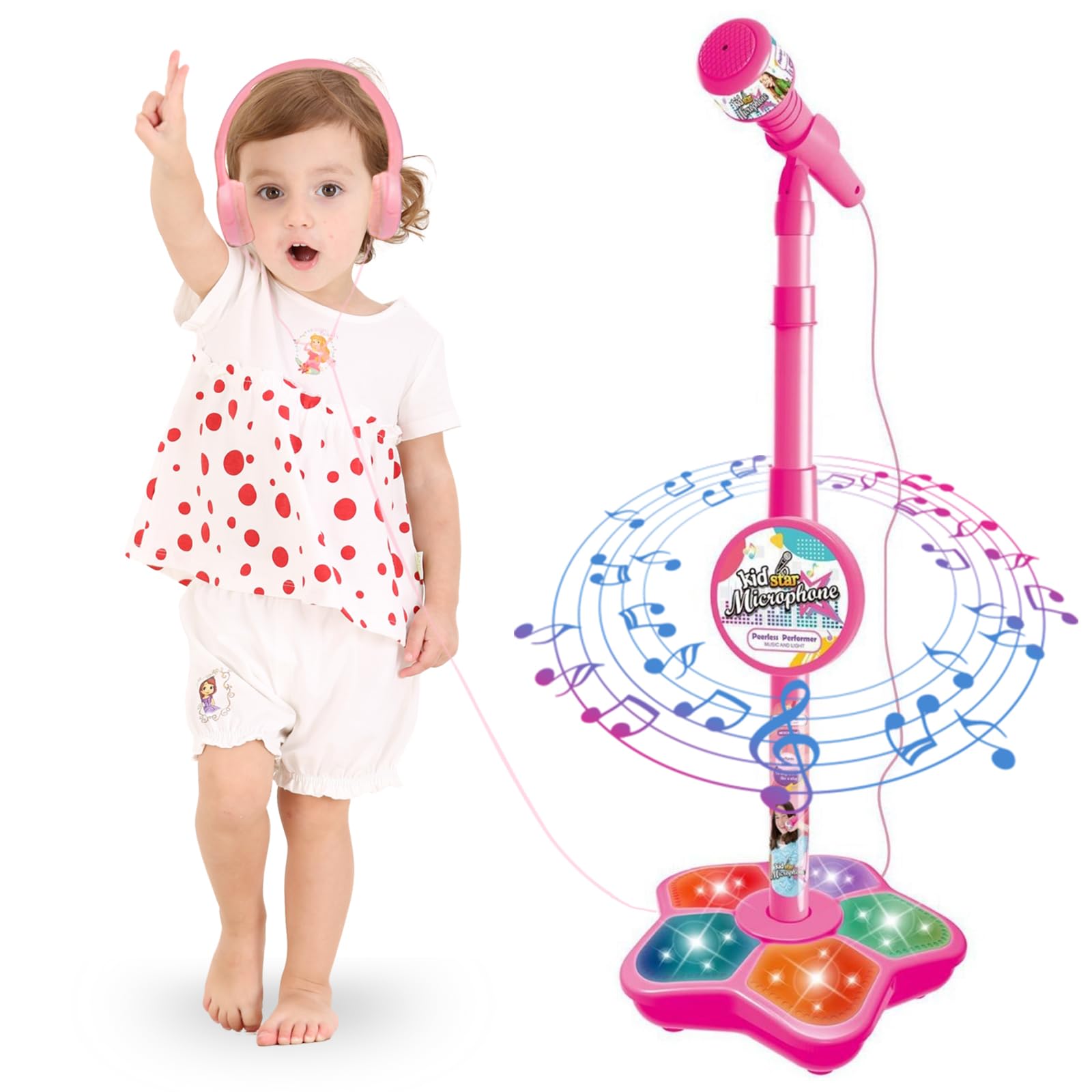 Micrófono de karaoke para niños con soporte ajustable, micrófono de pie para cantar portátil, auriculares retráctiles para cantar música, base de luz intermitente para niños y niñas de 3 a 6 años 2