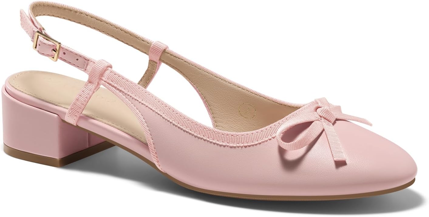 Coutgo Womens Chunky Low Heels Slingback Ballet Bow Pumps Closed Toe Wedding Dress Shoes