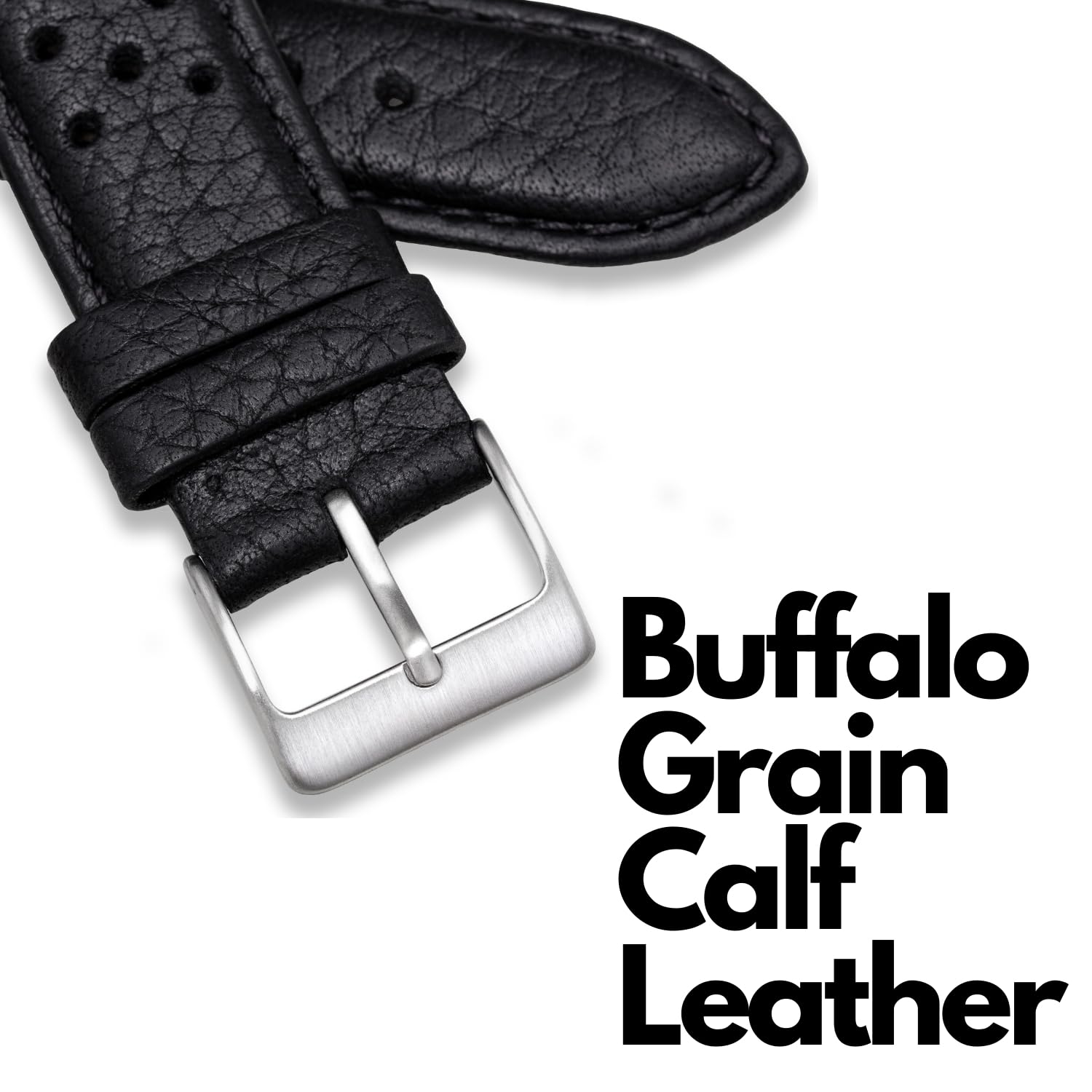Buckle & Stitch Buffalo Grain | 18 mm, 19 mm, 20 mm, 21 mm, 22 mm, 24 mm, correa de reloj de carreras de piel de becerro auténtica | Correa de reloj Rallye para hombres y mujeres | Barras de resorte y