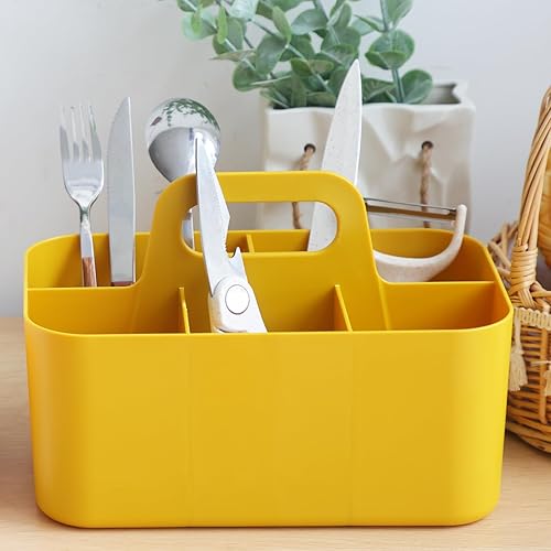 Miniatura 5 de QUEFE Organizador de plástico multiusos, caja de almacenamiento portátil rectangular amarilla con asa, diseño apilable adecuado para suministros de