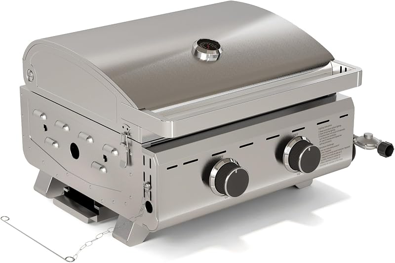 Parrilla de gas de mesa portátil de 20000 BTU, barbacoa de propano de 2 quemadores | Área de cocción de 251 pulgadas cuadradas, acero inoxidable, patas plegables, termómetro incorporado, fácil montaje, exterior, patio, camping, plateado