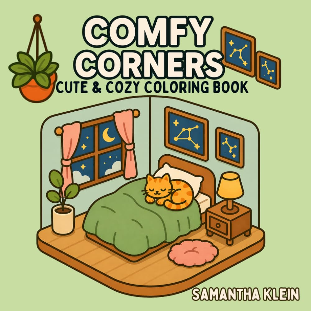 Comfy Corners - Bold & Easy Hygge-Inspired Cute & Cozy Coloring Book for Kids and Adults: 40 Rooms and Interiors for Calm Relaxation (Comfy Series)