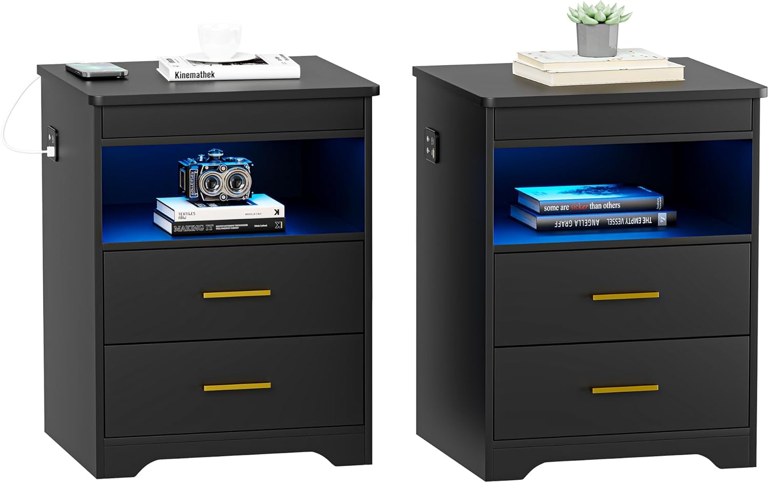 LED Night Stand with Gun Drawer for Bedroom, Charging Bedside Table with USB & Type-C Port, Modern End Table with Human Sensor Light -Black