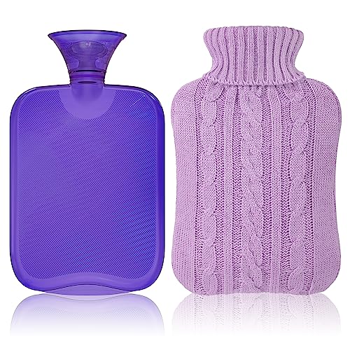 Attmu Hot Water Bottle with Cover Knitted, Transparent Hot Water Bag 2 Liter - Purple