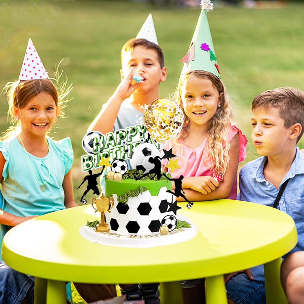 HaoHanEup Striscione Compleanno Calcio + 6 Cappelli 3D E Topper Per Torta - Decorazioni Feste Bambini Tema Calcio - 5