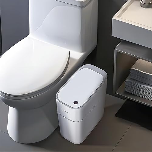 Miniatura 6 de JOYBOS Bote de basura automático con tapa, 3.8 galones, delgado y pequeño cubo de basura inteligente de plástico blanco, sensor de movimiento