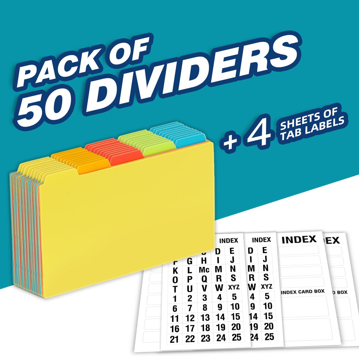 Chell Separadores de tarjetas de índice de plástico de 5 x 8, guías de tarjetas de índice de polietileno pesado A-Z para tarjetas flash y tarjetas de recetas, con calcomanías alfabéticas/en blanco,