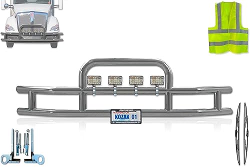 KOZAK Parrilla para parachoques delantero, cepillo de ciervo, protector de alce, redondo, luces LED de 4 x 6 pulgadas, soporte para matrícula,