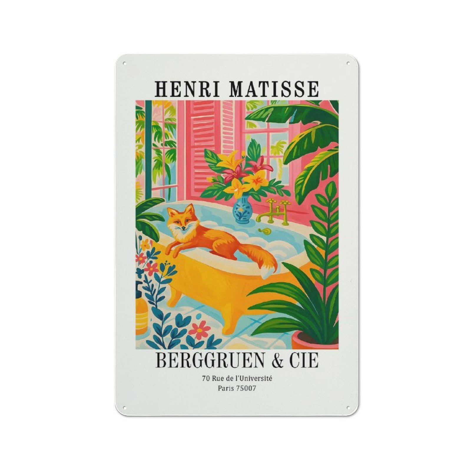 Junmoney Style-2 Cottage Style Henri Matisse Fox In Bathtub Art Print Decorative Tin Sign 30X20cm, Rustic Kitchen Decor For Kitchen, Cottage, Porch Or Garden Room