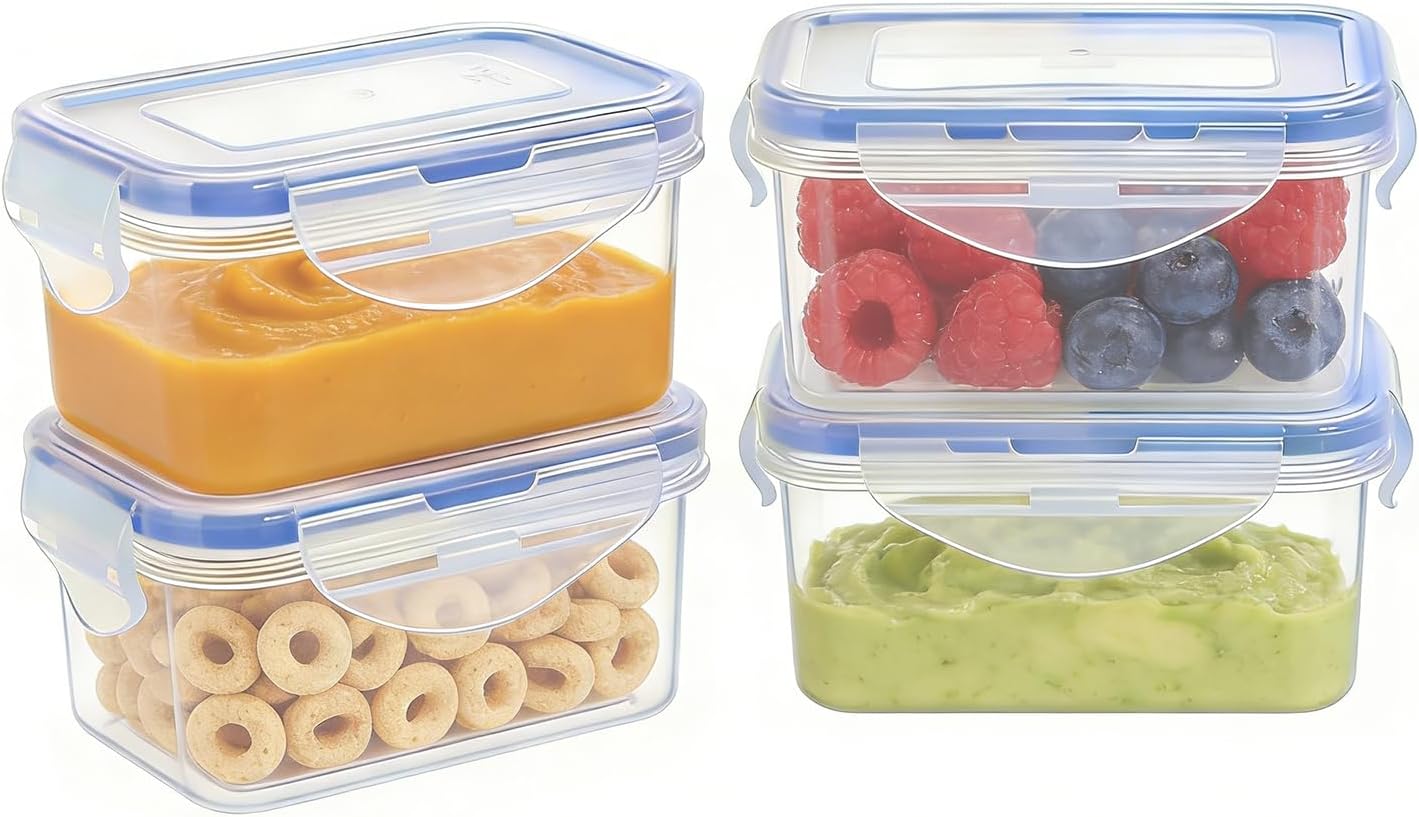 KIGI Small Containers with Lids, Reusable Airtight Freezer Mini Plastic Food Storage Container for Snack, Puree, Condiment, Salad Dressing to go, Portion Control Meal Prep Bento Box [ 6oz 4-Pack]