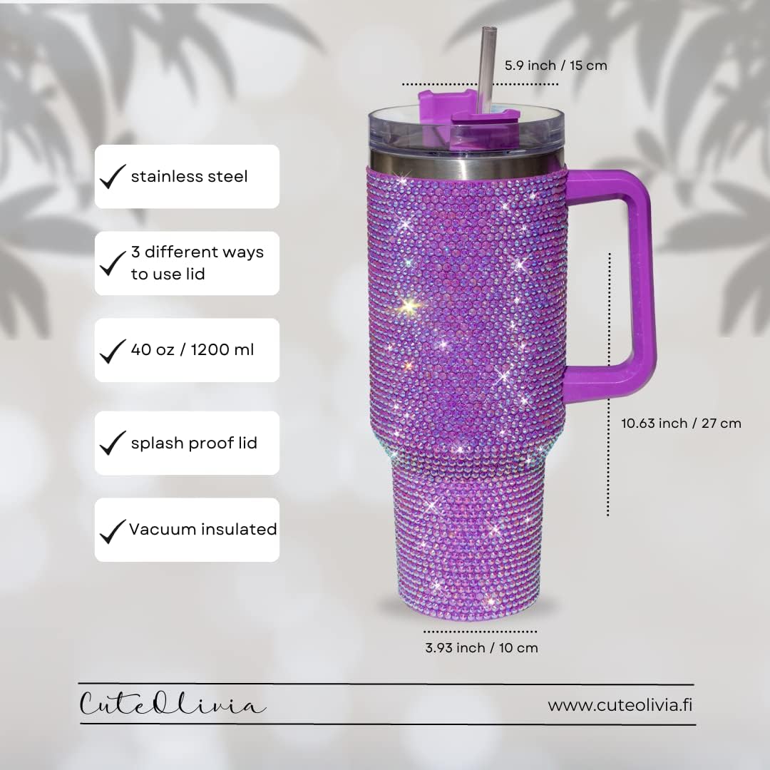 40 Oz Rhinestone Studded Tumbler with Handle Straw and Lid, Insulated Stainless Steel Double Layer Water Bottle for Women, Reusable Travel Coffee Mug (1200ml) Lilac - Image 6