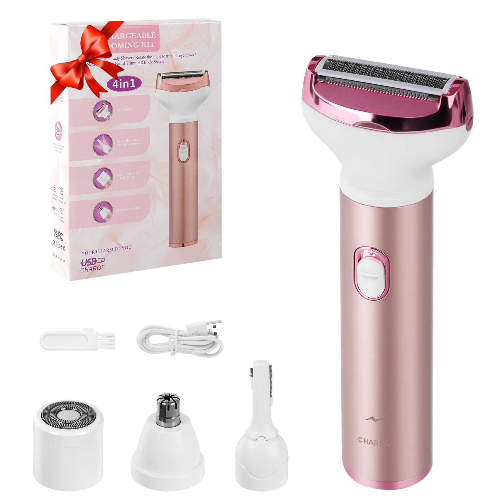 Women Face Epilator, 4-in-1 Portable Design Facial Epilator, Rechargeable Facial Hair Removal for Women & Men, Waterproof Facial Shaver for Face, Ears, Nose, Eyebrow, Body