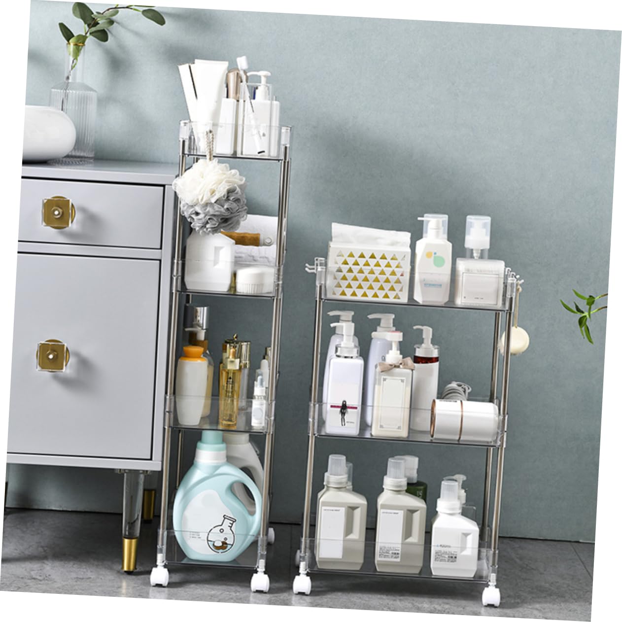 LABRIMP Mobile Cucina con Ruote Scaffale Portaoggetti da Cucina 3 Ripiani in Pet e Acciaio Inox Design Trasparente e Balcone