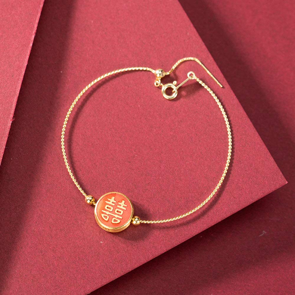 Girls Accessories Bracciale in Argento Sterling 925 Vintage per Donna Semplice Smalto Placcato Oro Cloisonne Stile Cinese Rosso Rotondo XI Classico Gioielli Fascino Spiaggia Estiva Birthday Gift