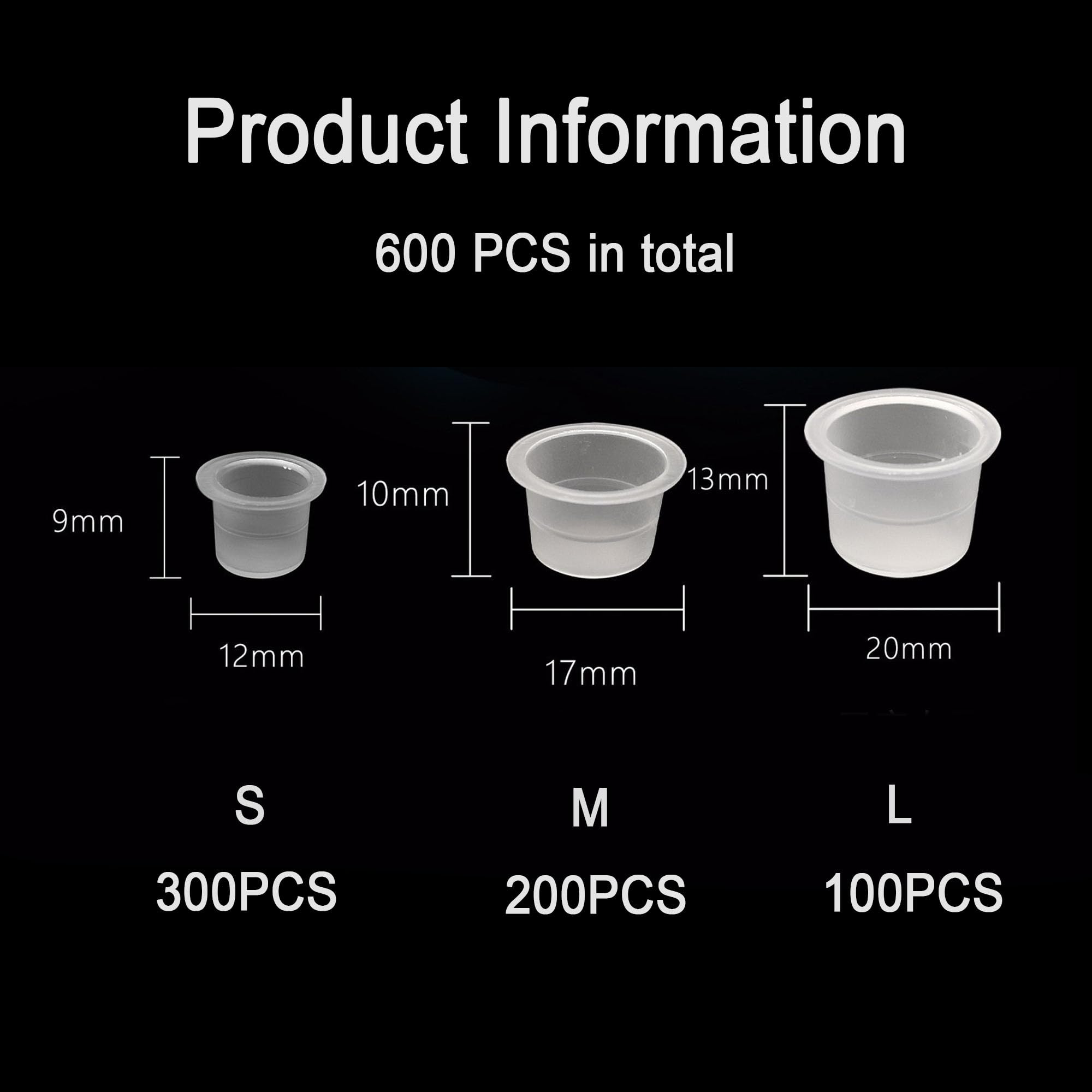 Tattoo Ink Caps, 600PCS Mixed Size Ink Caps Cups, Disposable Plastic Clear Tattoo Microblading Pigment Ink Cups for Tattoo Supplies Permanent Makeup Container Cap Tattoo Accessory (Small Medium Large)