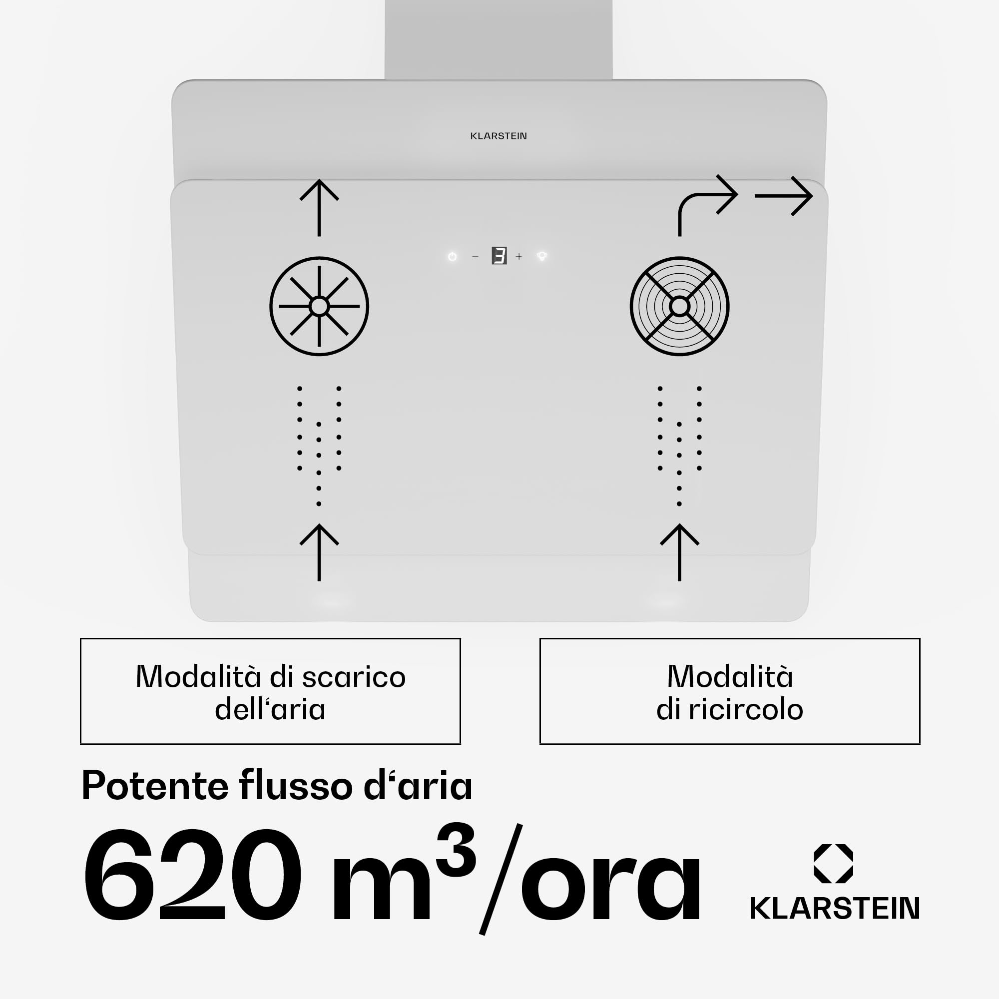 Klarstein Cappa Aspirante 60 cm, Cappa Cucina, Cappa Filtrante in Acciaio Inox, Scarico: 620m³/h, Illuminazione LED, Pannello Touch, Filtro Per Ricircolo, Safety Glass, Classe Energetica B, Bianco
